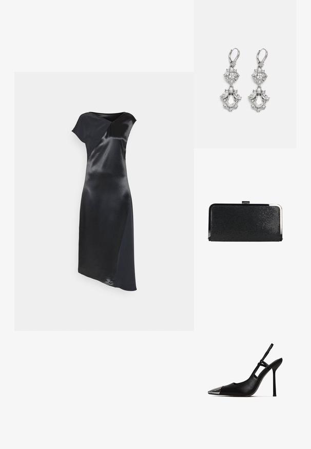 Calvin Klein NAIA SHINE MIDI DRESS - Cocktailkleid/festliches Kleid - black; Schwarzer Slingback-Pump mit spitzem Zeh und glänzender metallischer Kappe. Verfügt über einen hohen Stiletto-Absatz und einen schmalen Knöchelriemen. Glatte Lederoberfläche.; Schwarze, strukturierte rechteckige Clutch-Tasche mit silbernem Metallrahmen und Schnappverschluss auf weißem Hintergrund.; Silberfarbene Ohrringe mit mehreren klaren Kristallgemmen in Tropfen- und Marquiseformen, mit Klappverschluss und kunstvollen Details.