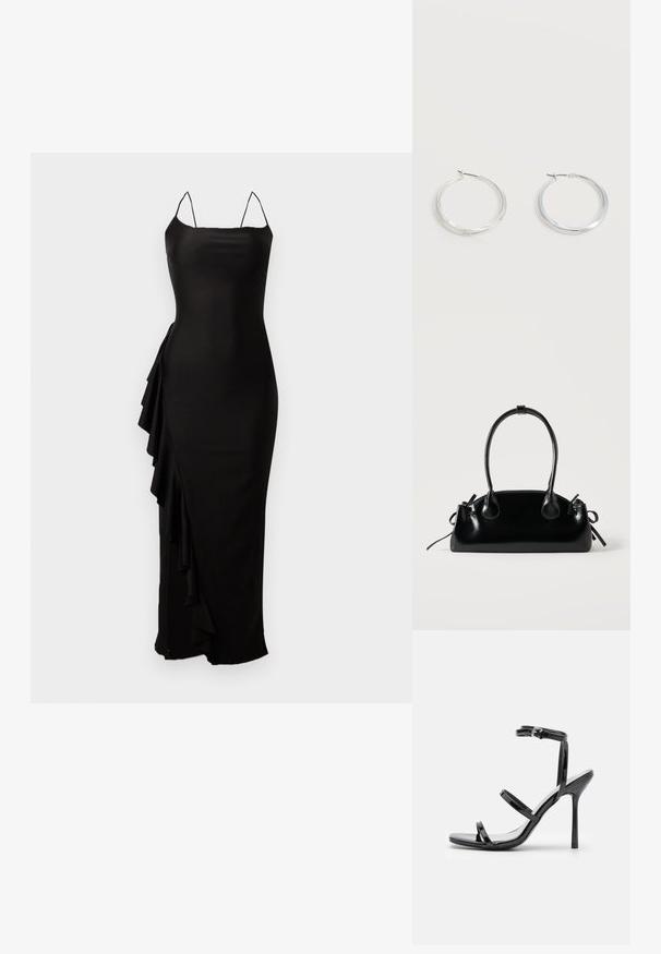 Schwarzes Satin-Maxikleid mit Spaghetti-Trägern, das auf der linken Seite eine drapierte Rüsche und eine figurbetonte Silhouette aufweist.; Schwarze Lackleder-High-Heel-Sandalen mit drei horizontalen Riemen und einem verstellbaren Knöchelriemen. Schlanke Silhouette und glänzende Oberfläche.; Kleine schwarze glänzende Handtasche mit zwei langen Griffen und seitlichen Kordelzug-Details vor einfachem hellem Hintergrund.; Silberne Metallcreolen mit glatter, leicht gebogener Oberfläche und Klappverschluss vor schlicht weißem Hintergrund.