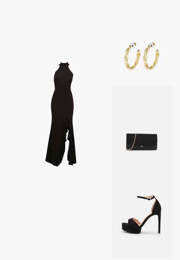 Vestido negro de cuello halter con un corsé ajustado y una falda acampanada que presenta un detalle de abertura con volantes en la parte delantera. Confeccionado en una tela suave.; Sandalia de tacón alto de ante negro con suela de plataforma, tira en el tobillo con herrajes plateados, diseño de punta abierta y textura suave.; Bolso de mano negro hecho de ante con un acabado texturizado, que presenta una cadena dorada y un diseño elegante y angular.; Pendientes de aro retorcidos en oro con una superficie lisa, que cuentan con un respaldo transparente y herrajes en tono dorado.