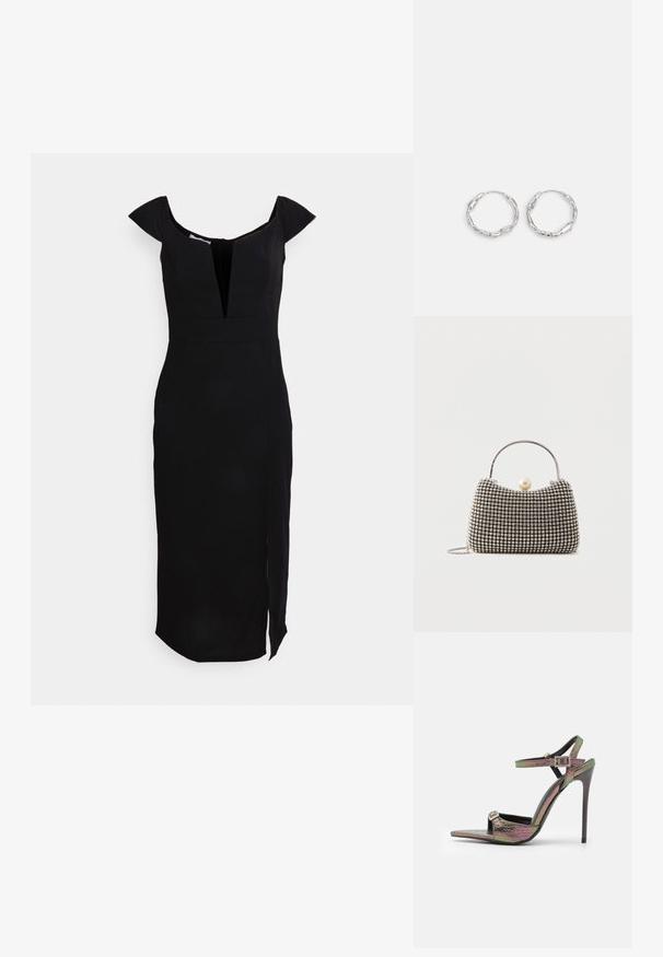 WAL G. MELANIE MIDI DRESS - Cocktailkjole / festkjole - black; Hæle sandal med multikolor, tekstureret slangeprint. Har justerbare ankelremme og en spids tådesign.; Lille håndtaske med sølv gittermønster, buet håndtag, stor perle lukning og en tynd sølvkæde strop på en ensfarvet baggrund.; Sølv hoops med en bølget, uregelmæssig tekstur. Har en tynd, cirkulær form og en reflekterende finish.