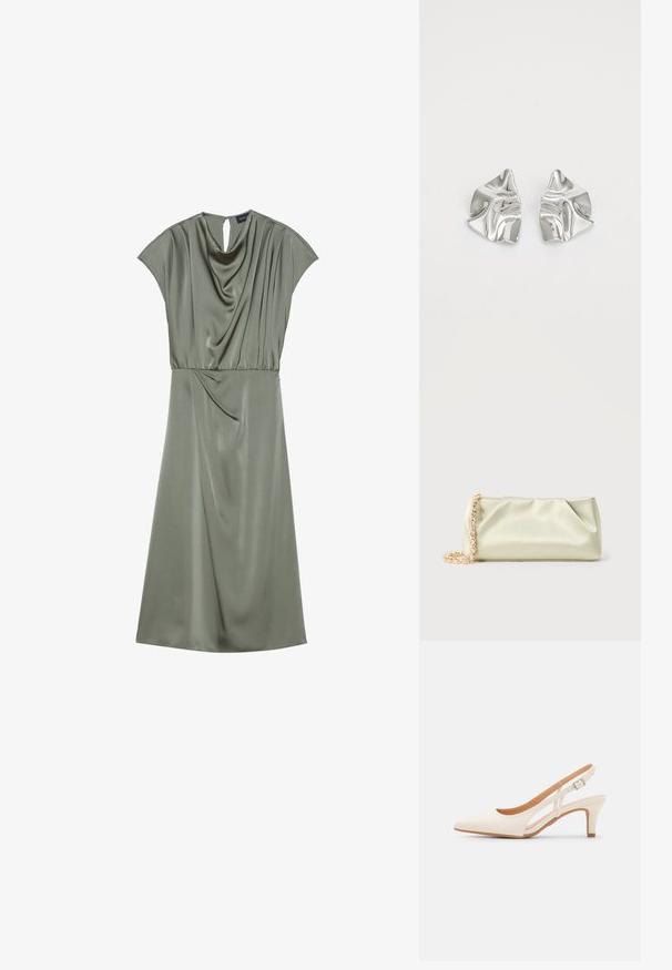 Satijnen groene jurk met kapmouwen, gedrapeerde halslijn en geplooide taille. Heeft een keyhole-detail op de rug en valt tot halverwege de kuit.; Witte slingback hak met een spitse neus, glad bovenmateriaal, lage blokhak en een design met uitsparingen aan de zijkant, voorzien van een verstelbare gespsluiting.; Zacht lichtgroene satin clutch tas met gouden en kristallen kettingriem, rechthoekige vorm met zachte plooien op een effen achtergrond.; Zilveren metalen oorbellen met een golvend, sculpturaal ontwerp, voorzien van een gepolijste afwerking en onregelmatige vormen, die een hedendaagse esthetiek benadrukken.