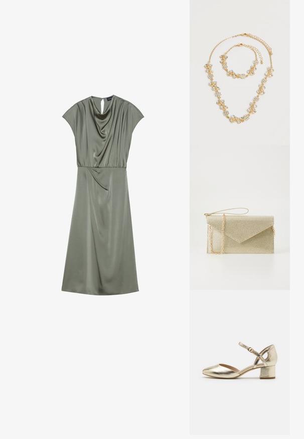 Satin grøn kjole med cap sleeves, draperet halsudskæring og rynket talje. Har en nøglehuldsdetalje på ryggen og falder til midt på læggen.; Guldmetallic hæle med rund tå, ankelrem og blokhæle. Glat tekstur med en skinnende finish og tværrem-design.; Guldmesh clutch taske med en triangelklap, kædetras og en glat overflade. Kompakt rektangulær form med subtil glans.; Halskæde- og armbåndssæt i guldfarve med klare krystalblomster- og bladdesigns, begge med justerbare kædelåse på en hvid baggrund.