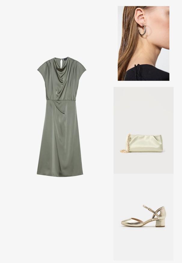 Satin grøn kjole med cap sleeves, draperet halsudskæring og rynket talje. Har en nøglehuldsdetalje på ryggen og falder til midt på læggen.; Guldmetallic hæle med rund tå, ankelrem og blokhæle. Glat tekstur med en skinnende finish og tværrem-design.; Blød lys grøn satin clutch taske med guld- og krystal kæde-rem, rektangulær form med bløde folder på en ensfarvet baggrund.; Sølv hoop ørestik med en poleret overflade, prydet med små guld accenter og en rund form, båret på øreflippen.