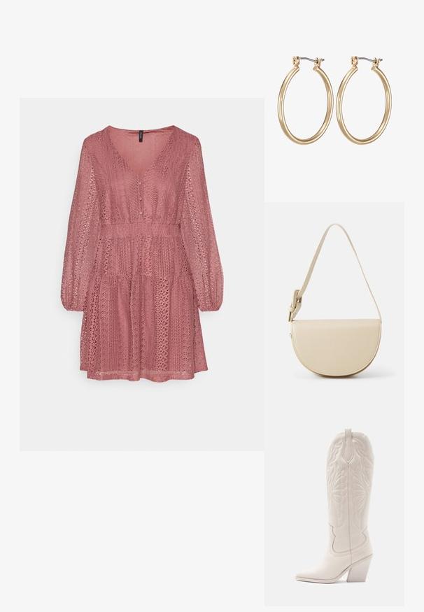 Vero Moda VMHONEY BUTTON SHORT DRESS - Hverdagskjole - rose brown; Hvide læder cowboystøvler med spidse tæer og blokhæle. Har intrikate syninger på skaftet og en glat tekstur.; HVISK NOMI SOFT STRUCTURE - Håndtasker - bone white; Guldfarvede metal hoops øreringe med et glat, cirkulært design og en sikret hængsel-lukning. Letvægts med en poleret overflade.