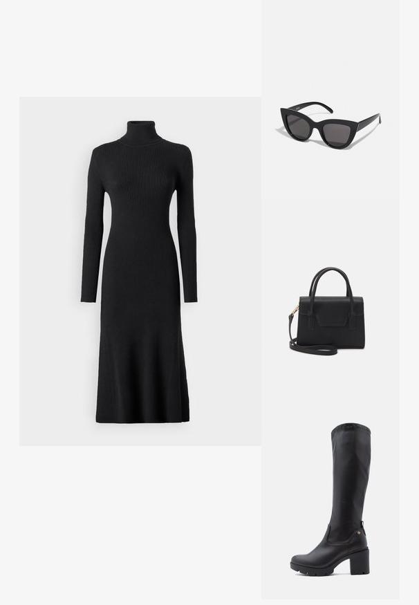 VILA Maxi Knitted - Strikkjoler - black; Sorte knæhøje støvler lavet af glat læder med firkantet tå, kraftig blokhælt og tekstureret gummisål. Har et diskret logodetalje.; Sorte cat-eye solbriller med mat finish, der har grå tonede linser, skarpe vinkler og slanke sidearme. Mærkenavnet er synligt på den indre arm.; Sort struktureret håndtaske lavet af læder med et topgreb, aftagelig skulderrem og detalje med frontklap. Guldhardware accenter.