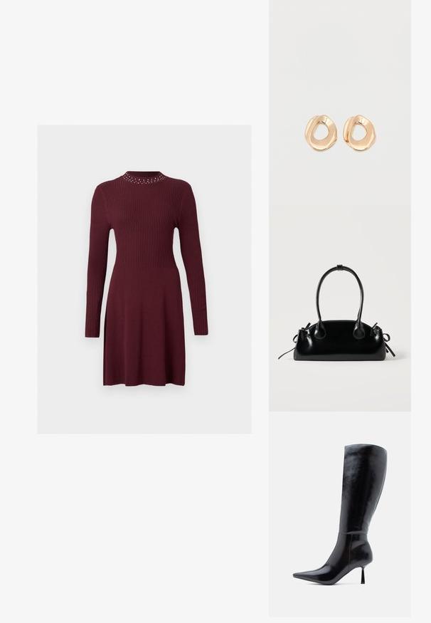 Burgundy ribbed knit dress with long sleeves and a fitted bodice, featuring a round neckline adorned with small cutouts at the collar.; Black knee-high stiletto boots with a shiny leather finish, pointed toe, and slim tapered heel, featuring a smooth surface and sleek design.; Small black glossy handbag with two long handles and side drawstring details on a plain light background.; Pair of irregular-shaped, polished gold-tone metal hoop earrings with an open center on a plain white background.