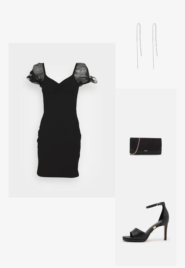 Even&Odd DRESS - Cocktailjurk - black; Zwarte leren hoge hak sandaal met een open teen en enkelbandje. Kenmerkt zich door een gladde afwerking, een gouden accent nabij de hak en een gebogen ontwerp.; Zwarte clutch tas gemaakt van suede met een textuurafwerking, voorzien van een gouden schouderband en een strakke, hoekige vorm.; Zilveren kettingoorbellen met een verlengd ontwerp, voorzien van een delicate ketting en rechte, dunne hangers aan de uiteinden. Glad textuur.