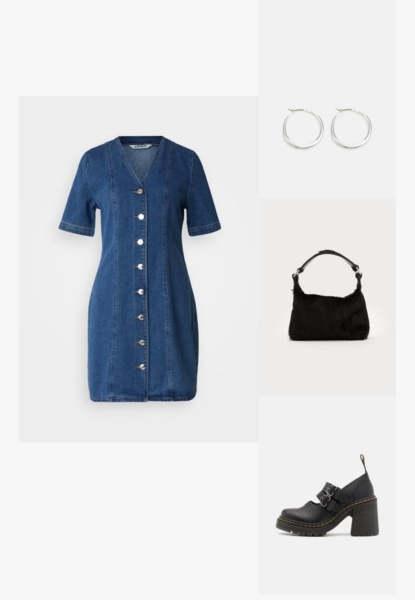 Robe en denim avec décolleté en V et manches courtes, dotée d'un devant à boutons avec des boutons métalliques et une coupe ajustée. Couleur bleu foncé.; Chaussures à talons hauts noires avec une semelle texturée, dotées de deux boucles en argent, de surpiqûres jaunes et d'une boucle à l'arrière pour un enfilage facile.; Sac à main en fausse fourrure noire avec une texture douce, une forme arrondie et une bandoulière en cuir noir robuste. Accent en métal argenté visible.; Les boucles d'oreilles en argent en forme de créole présentent un design lisse et arrondi avec un profil fin et un fermoir sécurisé. Style minimaliste avec une finition polie.
