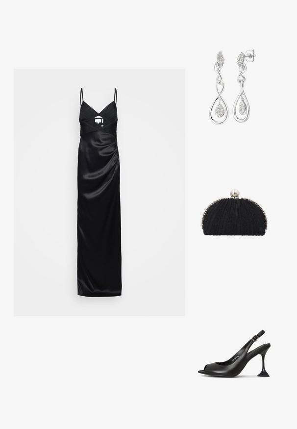 Sort satin aftenkjole med tynde stropper, V-udskæring, plisseret skørt og tætsiddende talje, præsenteret på en enkel lys baggrund.; Sort læder slingback hæl med åben tå, spids form, smal hæl der udvider sig, og en firkantet base. Tekstureret overflade og spænde detaljer.; Sort aftenclutch med tekstureret stof, indrammet af en række små perler og en stor perle-lukning på toppen.; Sølvøreringe med et buet design, et bladmotiv og en dråbeform, dekoreret med små klare ædelstene for glans.