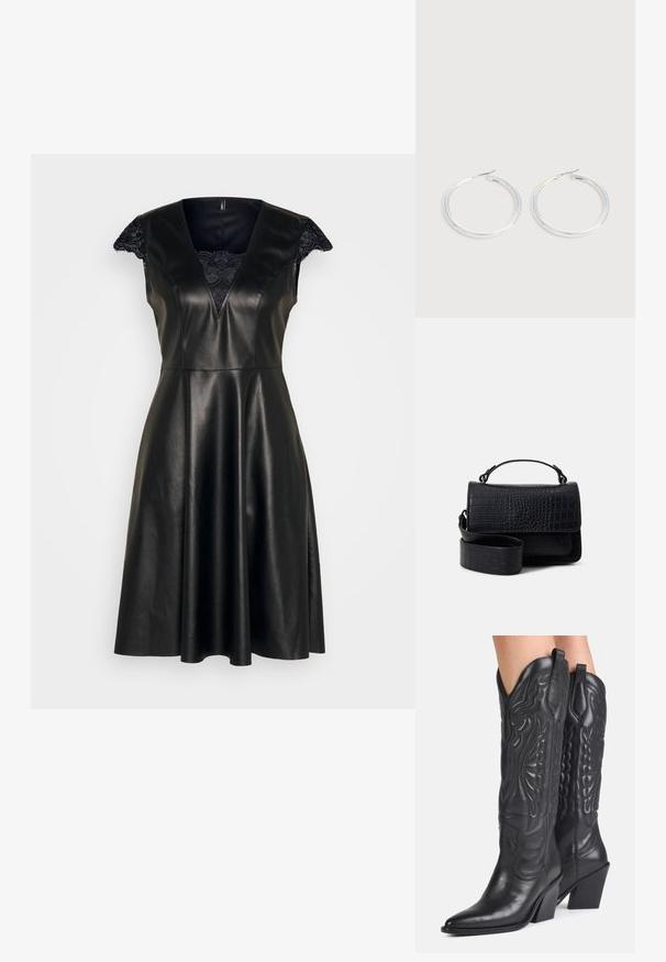 ONLY ONLMINJA DRESS - Φόρεμα ημέρας - black; Μαύρες δερμάτινες καουμπόικες μπότες με μυτερές μύτες, διακοσμητικές ραφές και κεκλιμένες χοντρές τακούνια που φοριούνται από άτομο.; Μαύρη τσάντα προσομοίωσης κροκόδειλου με ιμάντα σε σχήμα χιαστί που αποσπάται και λαβή στο επάνω μέρος, διαθέτει κλείσιμο με καπάκι και λείο φινίρισμα.; Ζεύγος λαμπερών ασημένιων κρίκων με λεπτές σύρμα σφραγίδες, παρουσιασμένα σε ανοιχτό γκρι φόντο.