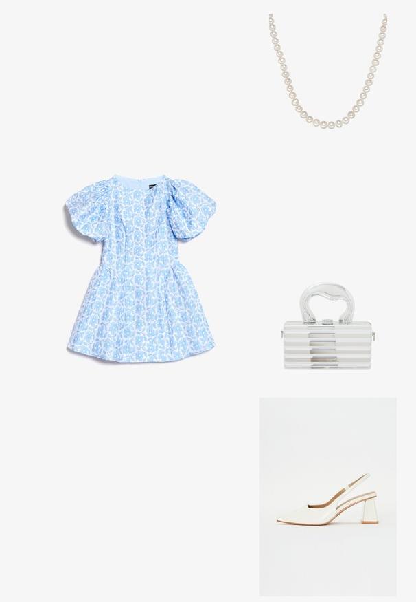 Lyseblå blomsterkjole med puffede korte ærmer og en tætsiddende talje, designet til piger, lagt fladt på en hvid baggrund.; Hvide patentlæder slingback sko med spidse tæer og en geometrisk blokhæl. Indersiden har en tan indersål og minimale udskæringer på siden.; Metallic sølv håndtaske med rektangulær form, udstyret med vandrette riller, et buet håndtag og en låsemekanisme på fronten.; En række af glinsende hvide perler, hvor hver enkelt er rund og ens i størrelse, med en glat overflade og en subtil glans, forbundet af en tynd snor.