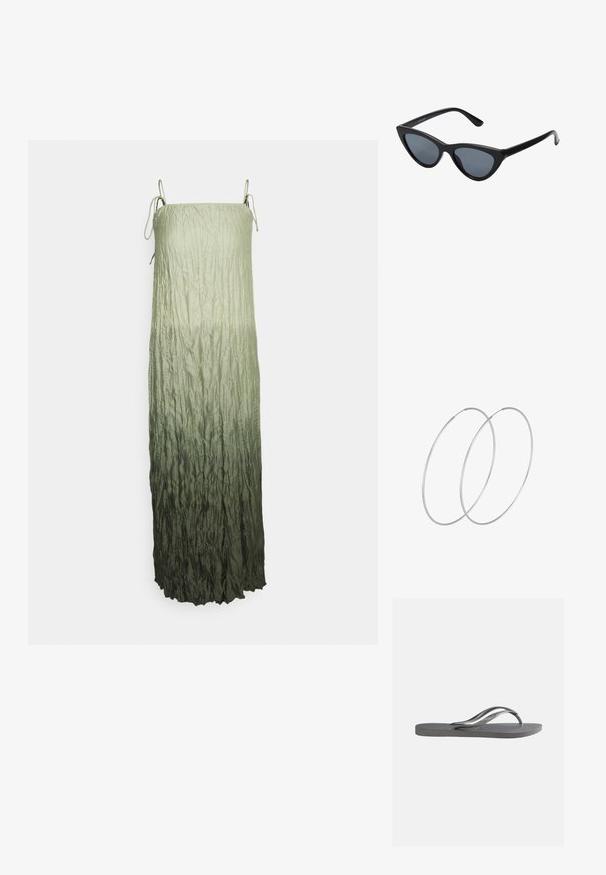 Vestido sin mangas verde con un tejido texturizado y arrugado que presenta un degradado de verde claro a verde oscuro. Tirantes ajustables en los hombros.; Sandalia plana gris con plantilla texturizada y finas correas en forma de Y, mostrada de lado sobre un fondo claro y liso.; Gafas de sol negras en forma de ojo de gato con lentes gris oscuro, marco de plástico elegante, esquinas puntiagudas y patillas rectas. Sin herrajes ni acentos visibles.; Pendientes de aro plateados con un diseño minimalista. Forma circular, textura suave y perfil delgado. Livianos con un acabado pulido.