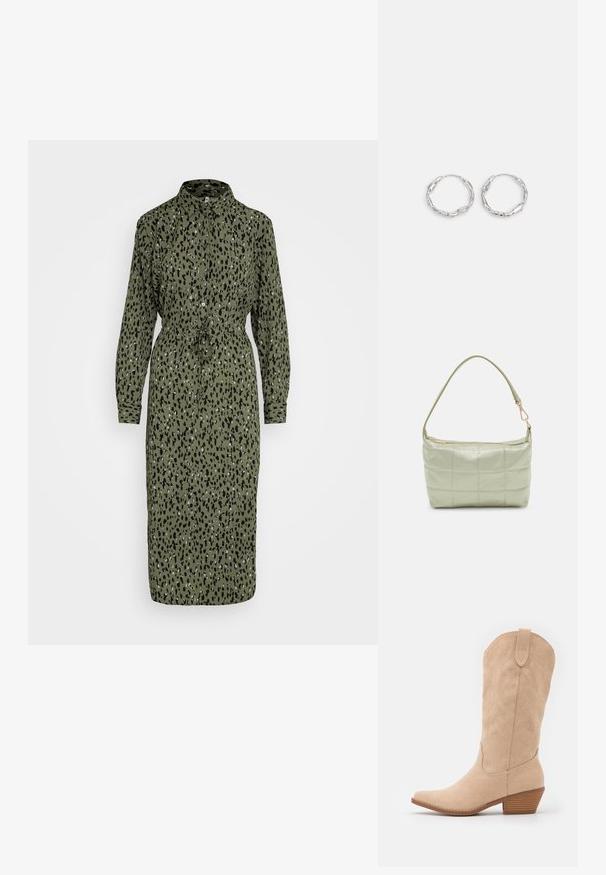 JDY JDYSORO MIDI SHIRT DRESS - Särkkleit - mulled basil; Bežid sametist cowboy saapad, millel on terav varvas ja veidi tekstureeritud siluett. Omavad dekoratiivset õmblust ja madalat puitu.; Pehmea tekstuuriga vooderdatud roheline õlavöökott, ristkülikukujuline, ühe rihmaga ja kuldse tõmblukuga. Omab tikandmustrit.; Hõbedased rõngaskõrvarõngad, millel on lainejoonega ebaühtlane tekstuur. Omavad õhukest, ümmargust kuju ja peegeldavat pinda.