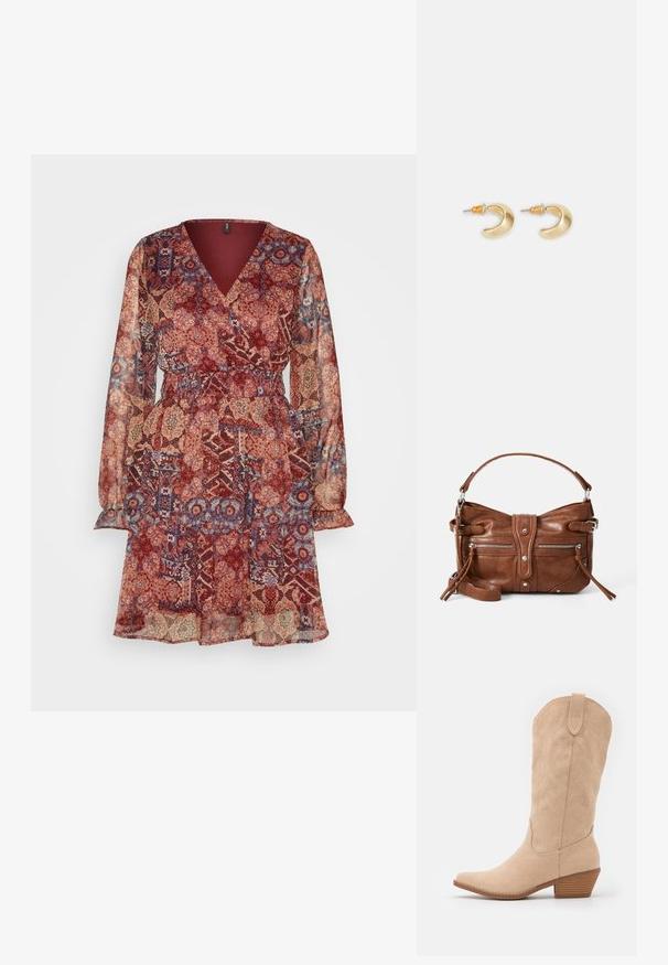 Vero Moda VMPHILINE DRESS - Φόρεμα ημέρας - sun dried tomato; Μπεζ σουέτ καουμπόικες μπότες με μύτη σε σχήμα πικρού και ελαφρώς υφασμάτινη σιλουέτα. Διαθέτουν διακοσμητική ραφή και χαμηλό στοίβαγμα τακούνι.; Καφέ δερμάτινη τσάντα με στρογγυλή μορφή, δύο μπροστινές τσέπες με φερμουάρ και αποσπώμενο ιμάντα ώμου. Διαθέτει ασημένιες λεπτομέρειες και ραφές.; Χρυσά σκουλαρίκια σε σχήμα ημισέληνου με λεία επιφάνεια, που διαθέτουν πορτοκαλί λεπτομέρειες κοντά στον κρίκο και ασημένια εξαρτήματα.