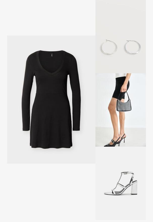 Robe noire à manches longues avec décolleté en V, taille cintrée et jupe légèrement évasée, présentée sur un fond clair uni.; Sandale à talons métalliques argentés avec un design à T, boucle réglable à la cheville et talon carré, présentant une surface lisse et réfléchissante.; Sac à main à perles noires avec une silhouette courbée, une poignée de transport et une texture brillante. Porté avec des chaussures à talons hauts noires et un short noir ajusté.; Boucles d’oreilles créoles en métal argenté avec une surface lisse légèrement incurvée et des fermoirs à clapet sur un fond blanc uni.