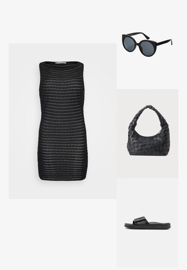 Robe noire sans manches en tissu tricoté ajouré, présentant un col rond, une coupe ajustée et un motif texturé sur l'ensemble.; Sandale noire à semelle plate avec une large sangle, boucle ajustable et texture mate lisse. Design simple sans motifs supplémentaires.; Lunettes de soleil oversize noires en forme d'œil de chat, avec des verres teintés foncés et une monture en plastique brillant. Caractéristiques de branches épaisses pour le soutien.; Sac en cuir noir tissé avec une poignée arrondie et un corps en forme de croissant sur un fond uni.