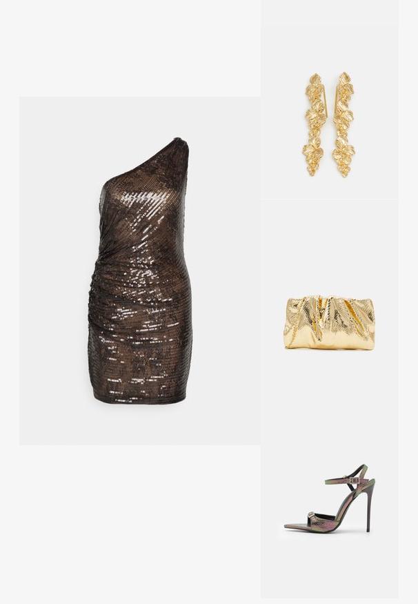 Halston SHYLA DRESS IN SEQUIN - Cocktailkjole / festkjole - umber; Hæle sandal med multikolor, tekstureret slangeprint. Har justerbare ankelremme og en spids tådesign.; Loeffler Randall SERENA - Clutches - gold-coloured; Guldøreringe designet som kaskader af blade, med detaljerede bladmønstre og en skinnende metallisk finish. Letvægts med en delikat struktur.