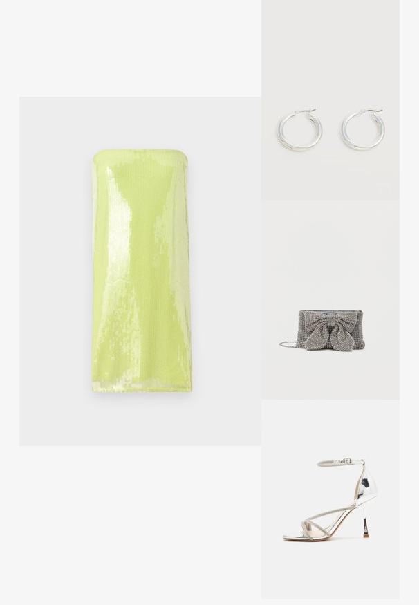 Skinnende, limegrøn strapless top dækket af palietter. Glat tekstur med et fitted, rørformet design og en lige halsudskæring.; Sølv højhælede sandal med en snøredesign, glitrende materiale, rhinsten accenter og en slank ankelrem. Firkantet tå og poleret hæl.; Glitrende grå håndtaske med en tekstureret overflade, der har en stor sløjfe-accent på forsiden og en kædrem. Kompakt rektangulær form.; Par mellemstore skinnende sølv hoops øreringe med tynde metal spænder på en lys neutral baggrund.