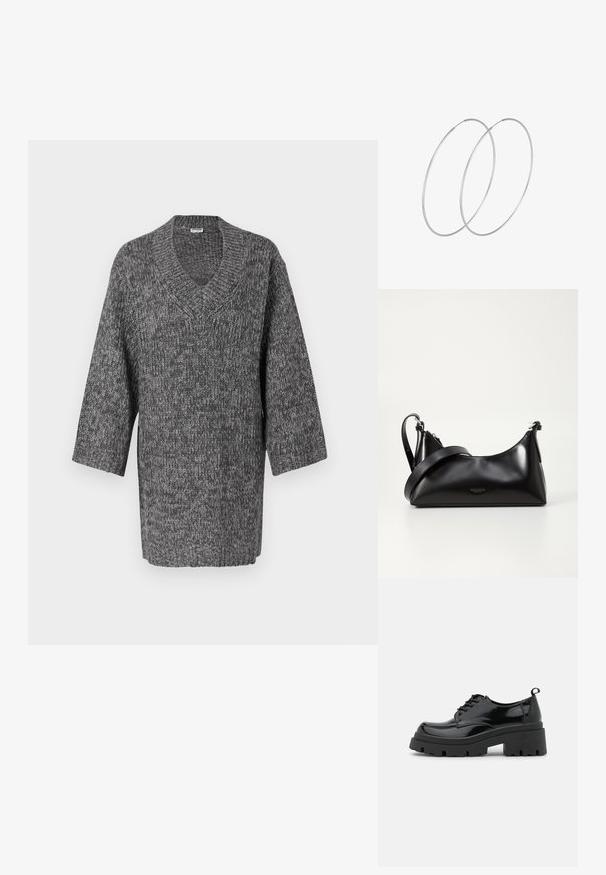 Suéter de punto gris con escote en V y mangas largas, con un patrón texturizado y corte holgado. Diseño casual con una tela suave y gruesa.; Zapatos de charol negros con una suela de plataforma gruesa y cordones gruesos. Punta redondeada, detalles mínimos y una pequeña lengüeta en la parte trasera.; Bolso de mano de cuero negro con una textura suave. Cuenta con una correa ajustable y un diseño elegante y minimalista con cierre de cremallera.; Pendientes de aro plateados con un diseño minimalista. Forma circular, textura suave y perfil delgado. Livianos con un acabado pulido.