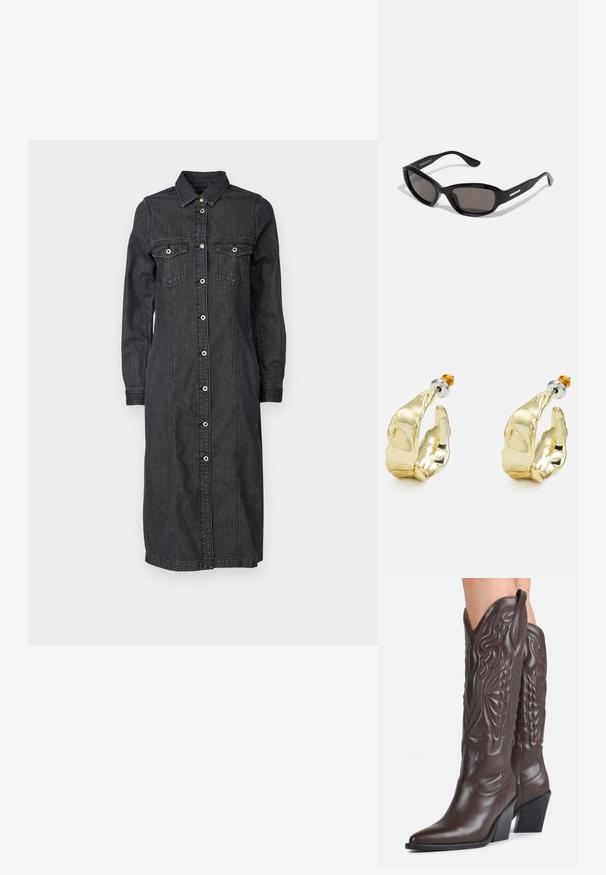 Donkerdenim jurk met lange mouwen, een knoopsluiting aan de voorkant, twee borstzakken en een middellange snit. De textuur is zacht met een klassieke pasvorm.; Donkerbruine leren cowboylaarzen tot over de knie met puntige neuzen, decoratieve stiksels en schuine blokhakken gedragen door een persoon.; Zwarte zonnebril met een rechthoekig frame, donkere lenzen, gladde plastic materiaal en een metalen accent op de poot.; Goudkleurige oorbellen in de vorm van abstracte handen, met een glanzend oppervlak, ingewikkelde details en een zilver- en goudkleurige post voor een veilige bevestiging.