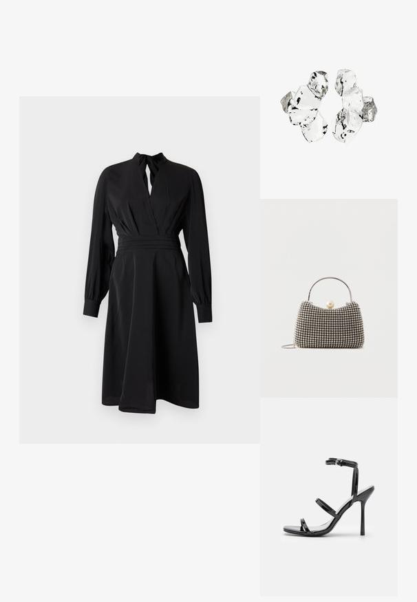 Schwarzes Kleid mit tiefem V-Ausschnitt, langen Puffärmeln und tailliertem Schnitt. Hergestellt aus weichem Stoff, verfügt es über einen fließenden Rock und dezente Falten.; Schwarze Lackleder-High-Heel-Sandalen mit drei horizontalen Riemen und einem verstellbaren Knöchelriemen. Schlanke Silhouette und glänzende Oberfläche.; Kleine Handtasche mit silbernem Gittermuster, gebogenem Griff, großem Perlenverschluss und einem dünnen silbernen Kettenriemen auf schlichtem Hintergrund.; Cluster von sechs unregelmäßig geformten, transluzenten und reflektierenden glasähnlichen Stücken, angeordnet auf weißem Hintergrund.