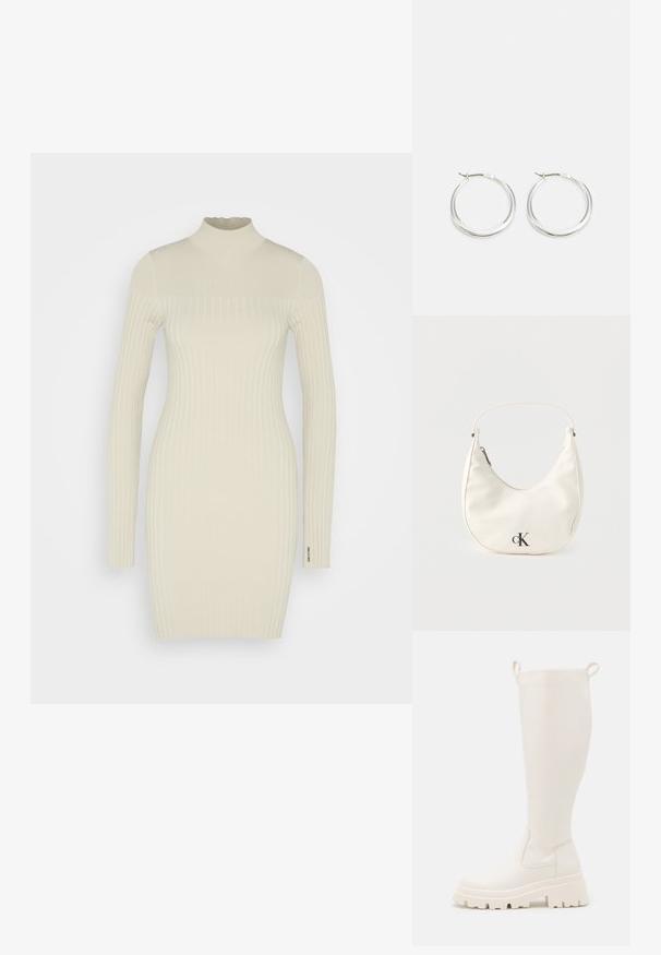Calvin Klein ICONIC MINI DRESS - Etuikleid - oxford tan; Knöchelhohe weiße Gummistiefel mit einer robusten Sohle und elastischen seitlichen Einsätzen. Verfügt über Zuglaschen an der Oberseite für leichteres Anziehen. Glatte Textur.; Kleine weiße halbmondenförmige Handtasche mit kurzem Trageriemen, Reißverschluss und schwarzem "cK"-Logo auf der Vorderseite.; Silberne Creolen zeichnen sich durch ein glattes, rundes Design mit einem schlanken Profil und einem sicheren Verschluss aus. Minimalistischer Stil mit glänzender Oberfläche.