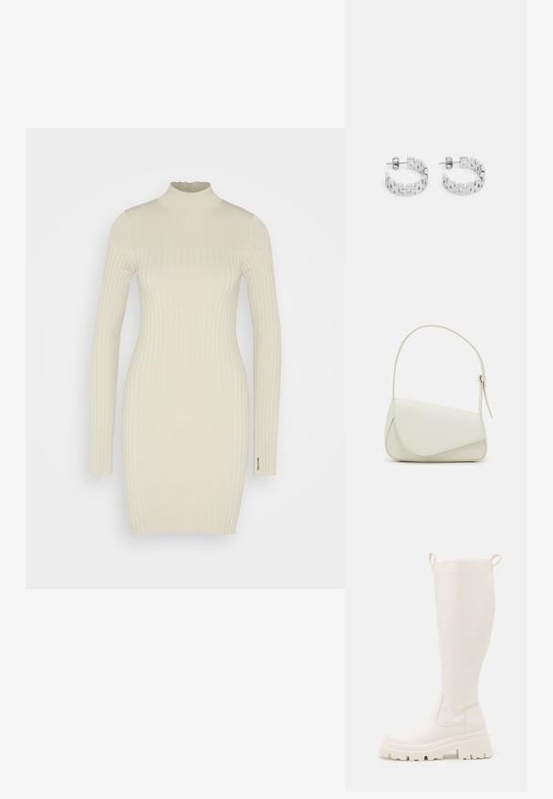 Calvin Klein ICONIC MINI DRESS - Etuikleid - oxford tan; Knöchelhohe weiße Gummistiefel mit einer robusten Sohle und elastischen seitlichen Einsätzen. Verfügt über Zuglaschen an der Oberseite für leichteres Anziehen. Glatte Textur.; Weiße Kunstleder-Handtasche mit einer strukturierten dreieckigen Form, einem verstellbaren Einzelgurt und einem Klappenverschluss mit geschwungenen Akzenten.; Silberne Creolen mit einem geometrischen Design aus ineinandergreifenden rechteckigen Gliedern, polierter Oberfläche und Steckverschluss.
