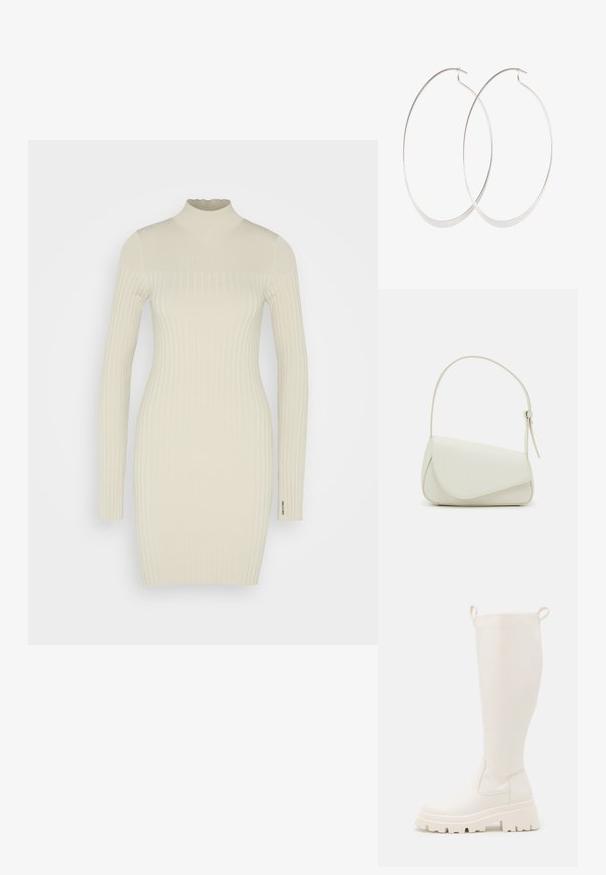 Calvin Klein ICONIC MINI DRESS - Etuikleid - oxford tan; Knöchelhohe weiße Gummistiefel mit einer robusten Sohle und elastischen seitlichen Einsätzen. Verfügt über Zuglaschen an der Oberseite für leichteres Anziehen. Glatte Textur.; Weiße Kunstleder-Handtasche mit einer strukturierten dreieckigen Form, einem verstellbaren Einzelgurt und einem Klappenverschluss mit geschwungenen Akzenten.; Silberne Creolen mit einem dünnen, glatten Design; länglich-ovale Form; polierte Oberfläche; ausgestattet mit einem sicheren Hakenverschluss.