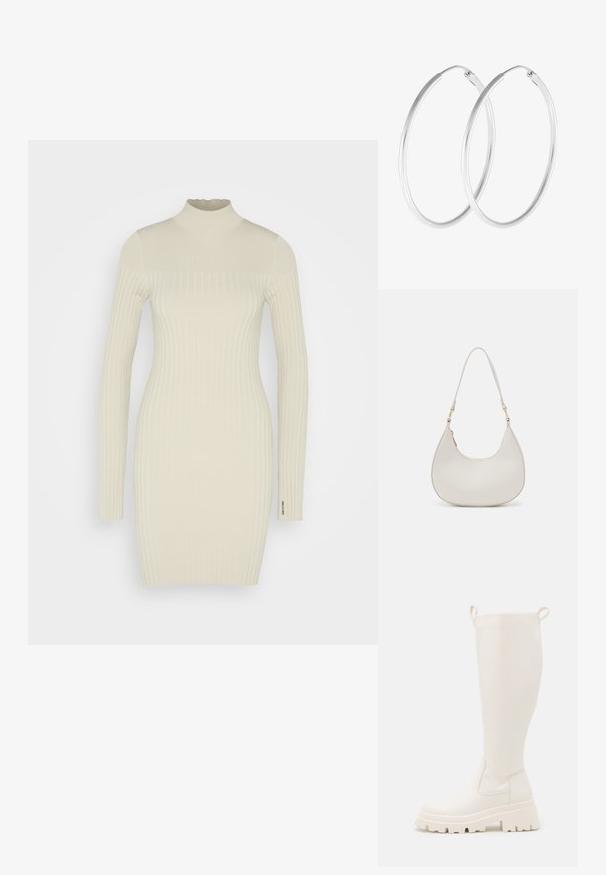 Calvin Klein ICONIC MINI DRESS - Etuikjole - oxford tan; Knælange hvide gummistøvler med en solid sål og elastiske paneler på siden. Har træksløjfer øverst for nemmere påklædning. Glat overflade.; Cremefarvet læder skuldertaske med en halvmåneform, tynd rem og diskrete syninger. Minimalistisk design med hardware-accenter i guldton.; Sølvfarvede hoop øreringe med en glat, rund form og en poleret overflade. Begge øreringe er i samme størrelse og har en sikker lukke mekanisme.