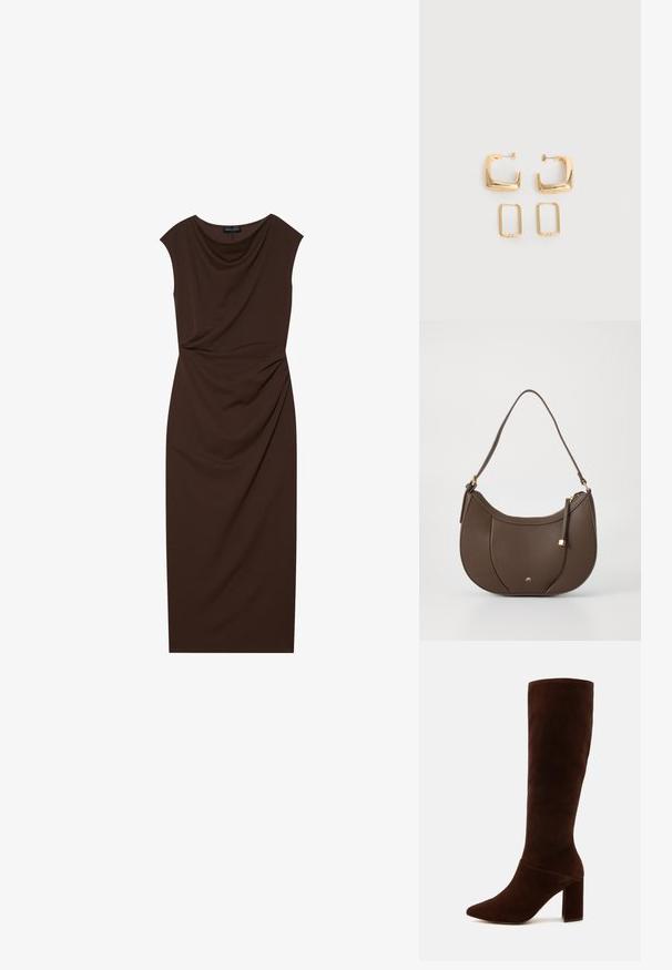 Robe marron longueur genou en tissu lisse, avec un décolleté drapé, des manches courtes et des ruchés sur un côté.; Bottes hautes en daim marron jusqu'au genou avec un bout pointu et un large talon carré. Texture lisse avec une tige ajustée et sans fermetures visibles.; Sac à main en cuir brun avec une forme courbée, accentué par un petit détail en métal doré et une surface texturée, doté d'une fermeture éclair.; Deux paires de Boucles d'oreilles créoles géométriques dorées sur une surface blanche unie, une paire carrée et pleine, une paire rectangulaire et creuse.