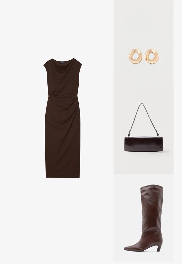 Robe marron longueur genou en tissu lisse, avec un décolleté drapé, des manches courtes et des ruchés sur un côté.; Botte en cuir brun montant jusqu'au genou, avec un bout pointu et un talon effilé. Texture lisse avec un design élégant et minimaliste.; Sac à main rectangulaire en cuir noir avec une longue bandoulière unique et une finition brillante, présenté sur un fond blanc uni.; Paired boucles d'oreilles en métal doré poli de forme irrégulière avec un centre ouvert sur un fond blanc uni.