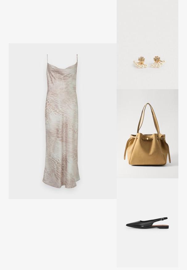 Satin midi kjole med tynde stropper, i en lys beige farve og et abstrakt dyreprint mønster, designet med en draperet halsudskæring.; Sorte læder slingback sko med spidse tæer, subtil glans og justerbar ankelrem. Flad hæl med en brun indersål.; Tan ruskinds tote taske med flade skulderremme, bølget top med snøre lukning og en guldfarvet knapdetalje. Glat tekstur og minimal design.; Guldtonede øreringe med en kvadratisk klynge af rhinsten og fem perleaccentuer, arrangeret i en vifteform. Glat tekstur.