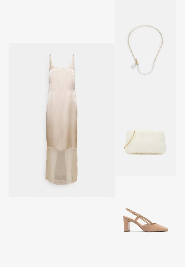 Vestido de satén color beige con tirantes finos, silueta ajustada y panel inferior transparente que llega hasta la mitad de la pantorrilla.; Tacones de slingback de cuero beige con punta afilada, tacón cuadrado y correa con un pequeño hebilla dorada. Textura suave, diseño minimalista.; Bolso de mano texturizado blanco con un diseño fruncido, que cuenta con una cadena dorada. Acabado liso con suaves ondas y bordes redondeados.; Collar de cadena de oro con eslabones alargados, un acento de perla blanca y un cierre decorativo con un pequeño adorno de cuentas.