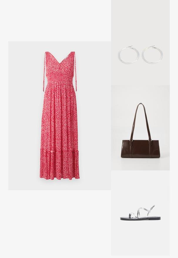 Rød blomster maxi-kjole med V-hals, justerbare stropper, smocket buste og lagdelt kant. Stoffet har små hvide blomster mønstre.; Sølv strappy sandaler med en flad sort sål, der har tynde metalliske remme og en justerbar ankelspænde. Glat tekstur hele vejen igennem.; Brun lakeret håndtaske med rektangulær form, to lange håndtag og subtile buede detaljer på fronten.; Par skinnende sølvøreringe med tynde trådlåse, vist på en lys grå baggrund.