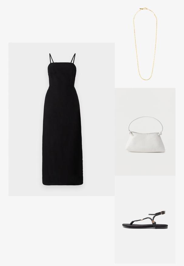 Vestido negro hasta el suelo con tirantes finos, un corpiño ajustado y una textura suave. Diseño minimalista sin patrones ni acentos.; Sandalias planas negras con tiras trenzadas y un acento metálico. Presentan una hebilla ajustable y una suela de goma plana para mayor comodidad.; Bolso de mano de cuero blanco tejido con asa redondeada y extremos de la correa anudados, exhibido sobre un fondo liso.; Collar en tono dorado que presenta una delicada cadena alargada hecha de eslabones rectangulares, con un brillo sutil y un cierre seguro.