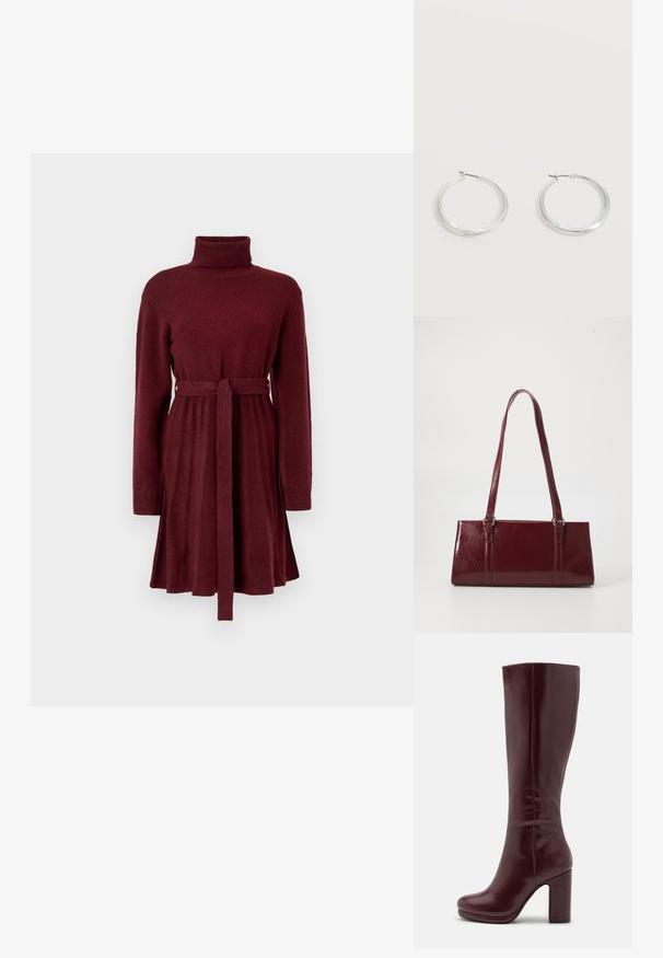Bordeaux langærmet strikkjole med turtleneck og bælte, som har en plisseret nederdel og ribbede manchetter på ærmerne.; Anna Field by Zalando Højhælede støvler - red; Bordeaux håndtaske lavet af glansfuldt materiale, rektangulær form, med to skulderremme og subtile buede detaljer på forsiden.; Sølvfarvede metaloorringe med glat, let buet overflade og låsemekanisme på en ensfarvet hvid baggrund.