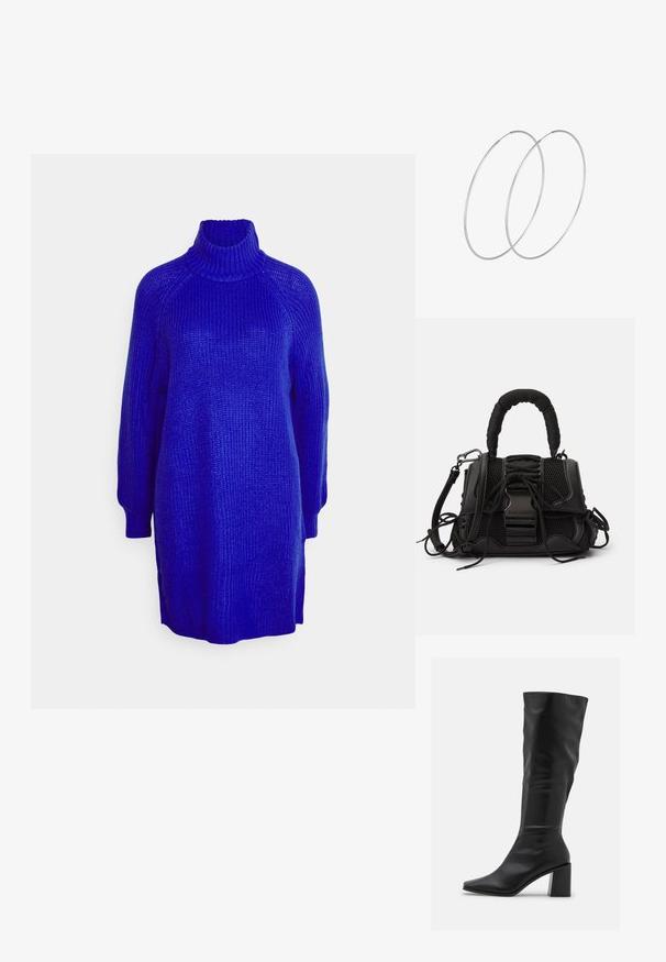 Strikket turtleneck sweater i strålende blå, med en afslappet pasform, ribbet tekstur og sideskår for komfort.; RAID BLICK - Høje støvler/ Støvler - black; Sort håndtaske med en netlignende overflade, vævet håndtag og dekorativ snøring. Indeholder aftagelig rem og kontrasterende metaldele.; Sølvøreringe med et minimalistisk design. Cirkulær form, glat tekstur og tynd profil. Letvægtige med en poleret overflade.