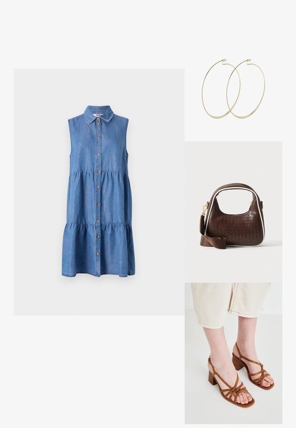 Denim ärmelloses Kleid mit durchgehender Knopfleiste, gestuftem Rüschensaum, spitzen Kragen und in einem hellblauen Farbton.; Braune Riemchen-High-Heelsandalen mit einem klobigen Absatz, ausgestattet mit geknoteten Riemen und einem offenen Zehendesign. Texturierte Sohle und verstellbarer Knöchelriemen.; Braune gewebte Lederhandtasche mit weißer Paspel, goldenem Reißverschluss und abnehmbarem braunem Stoff-Schulterriemen.; Pilgrim Ohrringe - gold-coloured