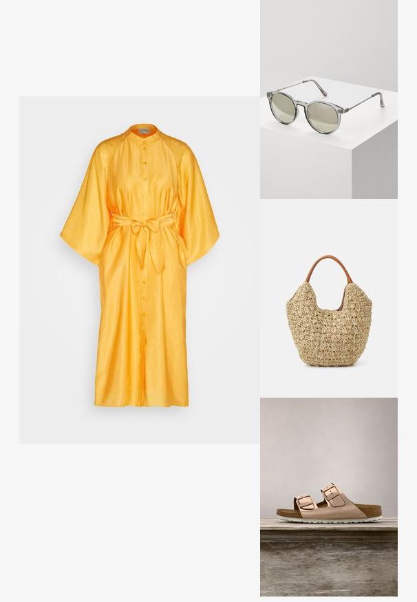 Gestuz LUELLA DRESS - Blousejurk - kumquat; Roze-gouden slidersandalen met twee verstelbare metalen gespen, kurken voetbed en witte rubberen zool. Gladde metalen afwerking, open teen ontwerp.; Ronde zonnebrillen met transparante grijze monturen en grijs-getinte lenzen. Metalen accenten op de veren en gebogen armen voor stabiliteit.; Geweven rieten tas met een natuurlijke textuur en een zachte, organische vorm, met bruine leren handvatten voor eenvoudig dragen.