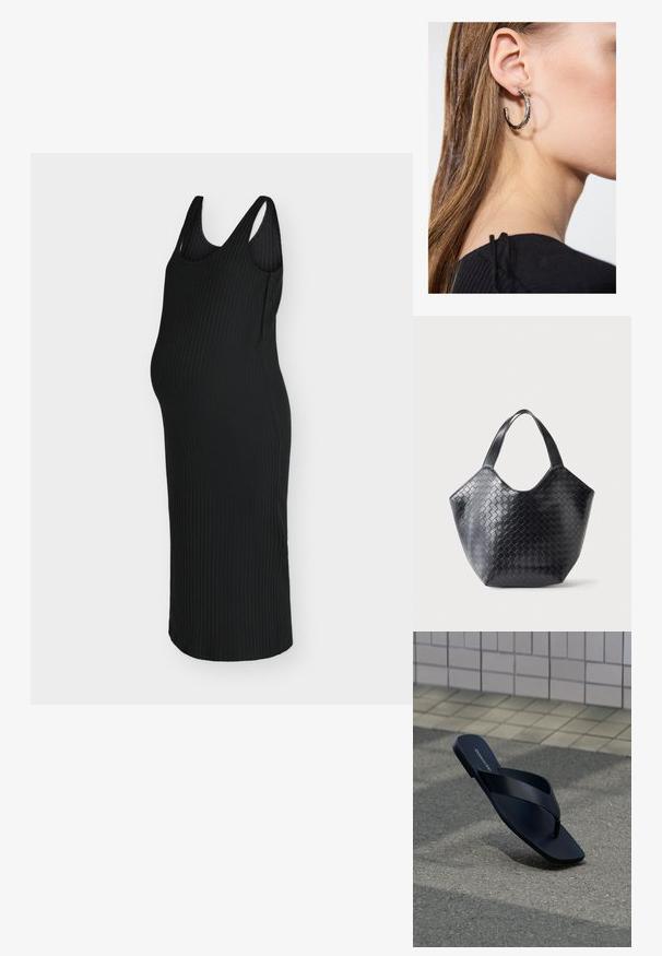 MAMALICIOUS MLNAJA VITA MIDI DRESS - Φόρεμα ημέρας - black; Μαύρο σανδάλι thong με τετράγωνη μύτη και το όνομα της μάρκας στη σόλα, τοποθετημένο όρθιο σε υφή πεζοδρομίου κοντά σε πλακιδωτό τοίχο.; Μαύρη δερμάτινη τσάντα χειρός με υφαντό σχέδιο, πλατύ ανοιχτό πάνω μέρος και δύο ιμάντες ώμου, εμφανίζεται σε απλό φωτεινό φόντο.; Ασημένιο σκουλαρίκι κρίκος με γυαλιστερή φινίρισμα, που διαθέτει μικρές χρυσές λεπτομέρειες και στρογγυλό σχήμα, φορεμένο στον λοβό.