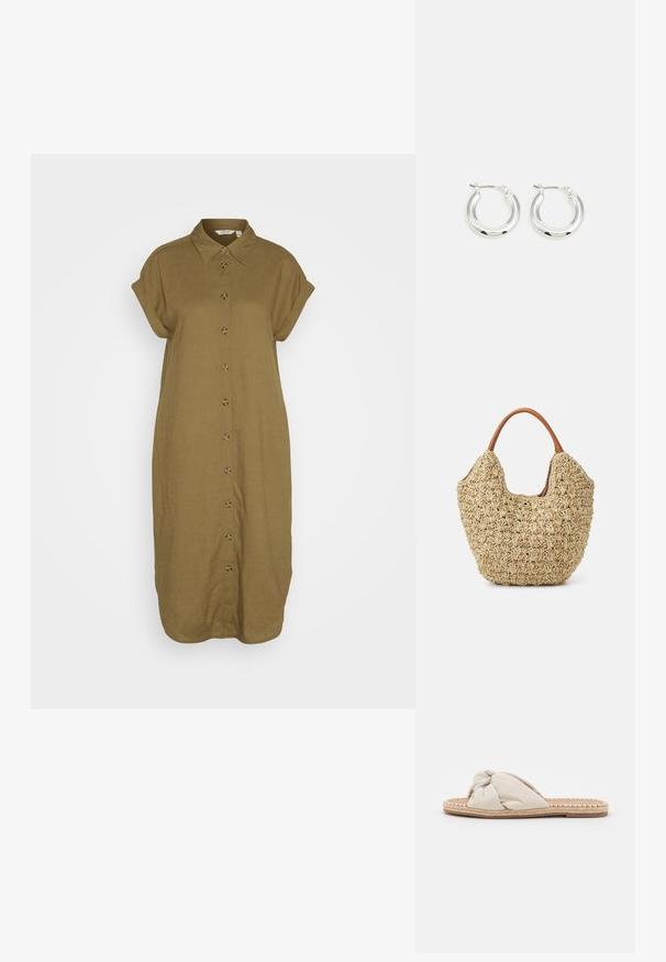 Robe chemise kaki avec un devant à boutons, des manches courtes retroussées et une coupe ample. Fabriquée en tissu texturé avec une finition lisse.; Sandale à glissière en tissu beige avec un dessus noué et une semelle en jute tissée. Style plat, ouvert à l'avant, présentant un bord texturé et tressé.; Sac fourre-tout en paille tissée avec une texture naturelle et une forme douce et organique, doté de poignées en cuir brun pour un transport facile.; Boucles d'oreilles en argent avec une finition polie, présentant une forme circulaire et une fermeture à charnière. Texture lisse avec un minimum de détails.