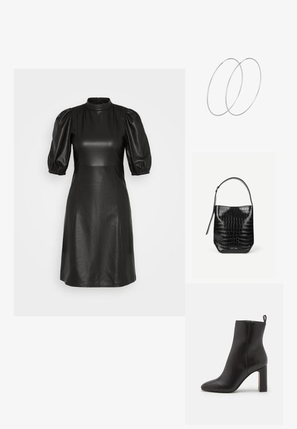 ONLY ONLJOSEPHINE DRESS - Denné šaty - black; Čierne kožené členkové topánky s špicatou špičkou, cylindrickým vysokým podpätkom a slučkovou pútkom na zadnej strane pre jednoduché obúvanie. Hladká textúra.; Čierna kožená kabelka vo vintage štýle s krokodílím reliéfom, jedným ramenným popruhom a malým strieborným logom značky v dolnej časti prednej strany.; Strieborné kruhové náušnice s minimalistickým dizajnom. Cirkulárny tvar, hladký povrch a tenký profil. Ľahké s lesklým povrchom.