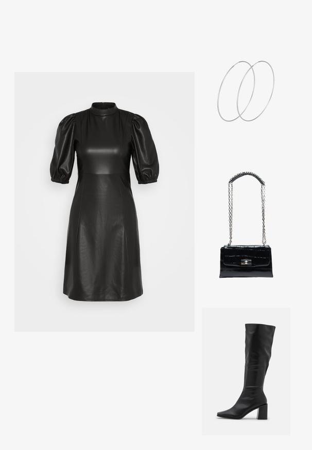 ONLY ONLJOSEPHINE DRESS - Hverdagskjole - black; RAID BLICK - Høje støvler/ Støvler - black; Sort håndtaske i krokodilletekstureret læder med sølvfarvet drejelås og lang sølvkæde med læder skulderpude.; Sølvøreringe med et minimalistisk design. Cirkulær form, glat tekstur og tynd profil. Letvægtige med en poleret overflade.