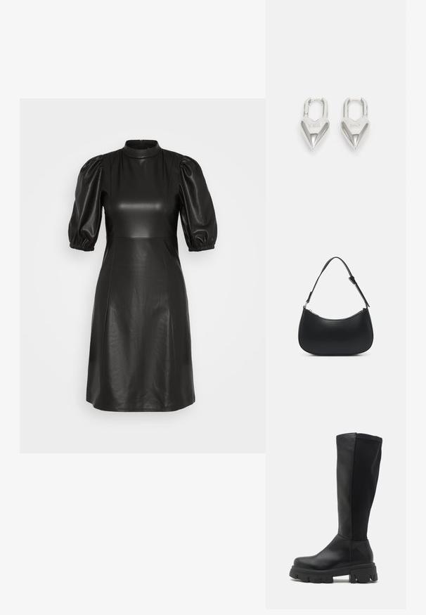 ONLY ONLJOSEPHINE DRESS - Robe de jour - black; RAID WILMA - Bottes à plateau - black; Pieces PCALUANA SHOULDER BAG - Sac à main - black; Cadenas en forme de cœur en argent avec les inscriptions gravées "OUI" et "NON", finition polie, design symétrique et un robuste fermoir en métal.
