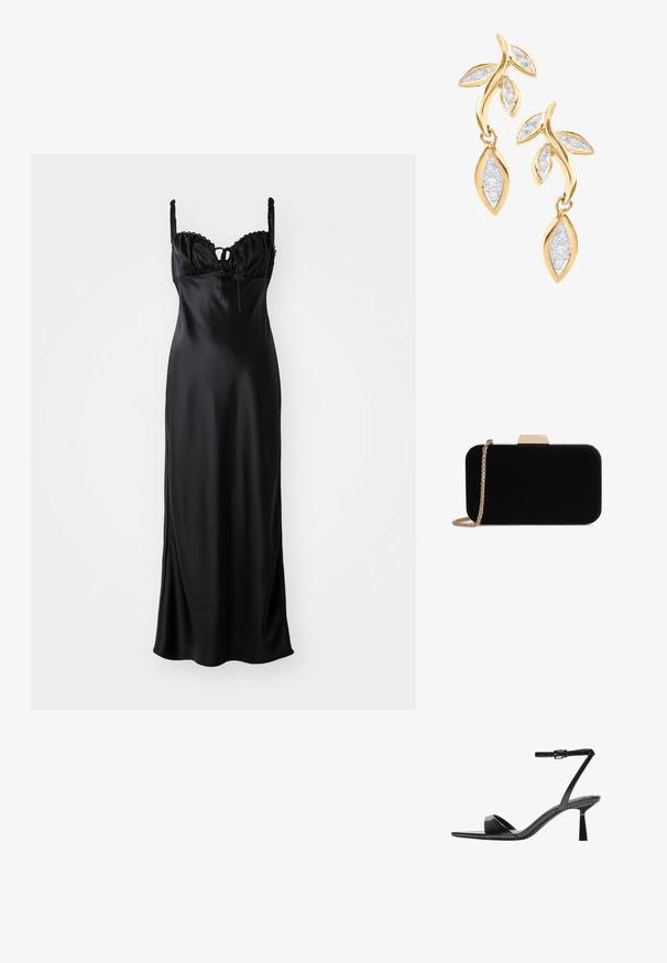 Schwarzes Satin-Maxikleid mit einem taillierten Oberteil, gewelltem Spitzenbesatz, verstellbaren Spaghetti-Trägern und einer Frontbindedetail.; Bershka High Heel Sandalette - black; Schwarze Samt-Clutch mit goldfarbener Hardware, rechteckiger Form und Kettenriemen, mit glatter Textur und ohne sichtbare Muster.; DIAMANT L'ÉTERNEL Ohrringe - gold coloured