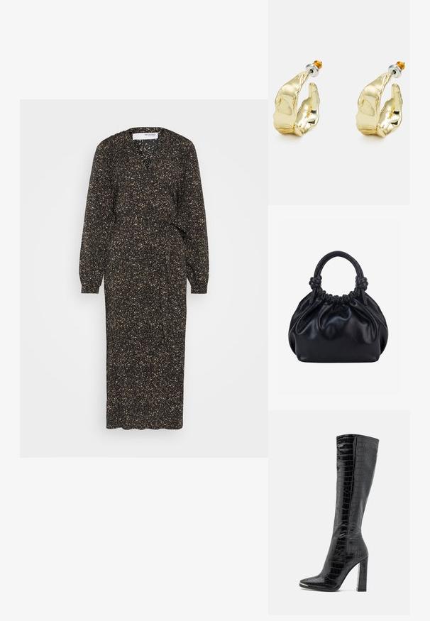 Selected SLFPARKER MIDI DRESS - Jurk - black/greige; RAID JOCELYN - Laarzen - black; Zwarte zachte leren handtas met geplooide bovenkant en twee dikke handvatten die in knopen zijn gestrikt tegen een effen lichte achtergrond.; Goudkleurige oorbellen in de vorm van abstracte handen, met een glanzend oppervlak, ingewikkelde details en een zilver- en goudkleurige post voor een veilige bevestiging.