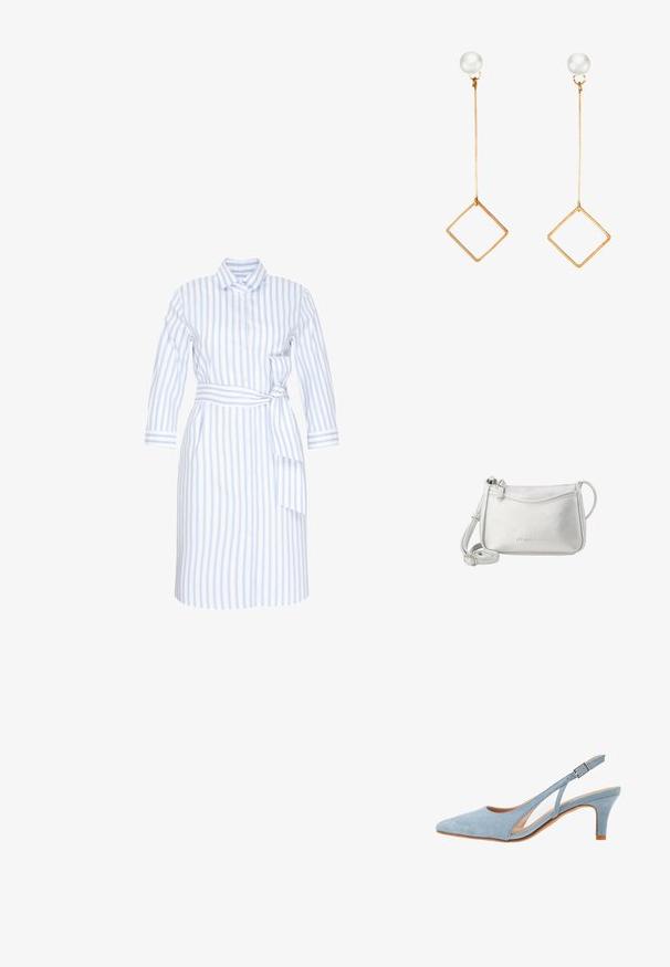 Langarmblousejurk met lichtblauwe en witte verticale strepen, knoopsluiting aan de voorkant, kraag en een tailleband die aan de rechterkant is gestrikt.; Lichtblauwe nubuck slingback hak, puntige neus, verstelbaar enkelbandje met metalen gesp, natuurlijke beige binnenzool en lage hak.; Kleine zilveren leren crossbodytas met textuur, verstelbare riem en subtiele geperste merknaam aan de voorkant.; Gouden oorbellen met een lange rechte staaf, voorzien van een ronde parelstud en een hangende geometrische diamantvorm.
