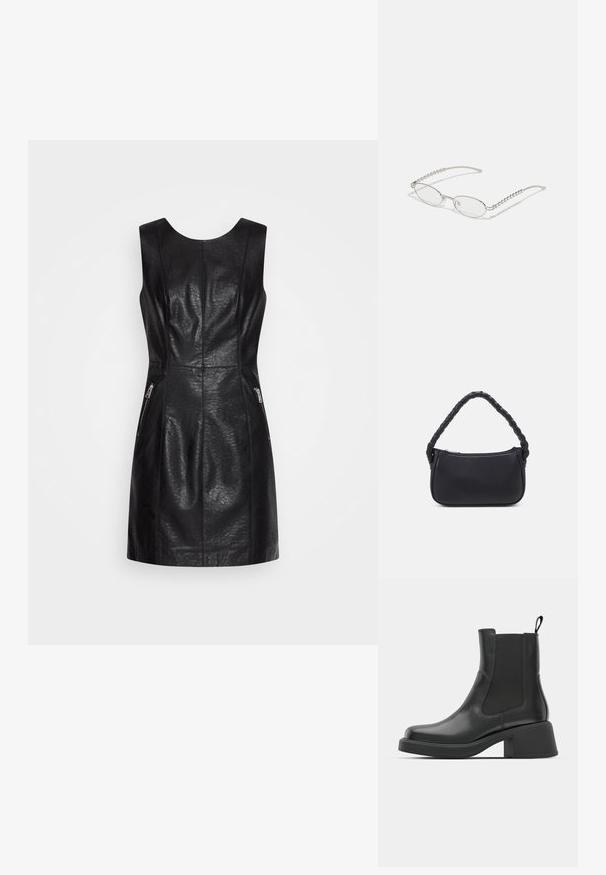 ONLY ONLMIA BIKER DRESS - Hverdagskjole - black; Sorte læder ankelstøvler med elastiske sidepaneler, afrundet tå og en kraftig blokhæl. Glat tekstur med et minimalistisk design.; Ovale briller med en metallisk sølvramme, klare linser og strukturerede perleaccentede stænger. Letvægtsdesign med buede arme.; Sort håndtaske med en rund form, lavet af glat materiale. Har et flet håndtag og en lynlåslukning for sikker opbevaring.