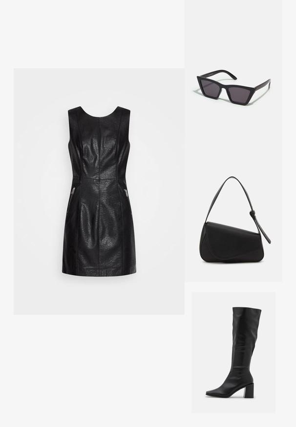 ONLY ONLMIA BIKER DRESS - Hverdagskjole - black; RAID BLICK - Høje støvler/ Støvler - black; Sorte, kantede solbriller med grå linser; lavet af plast, med tykke stænger med en glat overflade og ingen synlig hardware.; Sort læderhåndtaske med en triangular form, skrå klap og et rundt håndtag. Har en glat overflade og minimalistiske design detaljer.