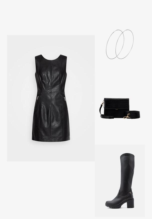 ONLY ONLMIA BIKER DRESS - Hverdagskjole - black; Sorte knæhøje støvler lavet af glat læder med firkantet tå, kraftig blokhælt og tekstureret gummisål. Har et diskret logodetalje.; Sort faux læder crossbody taske med krokodillestruktur, guldhardware og en aftagelig rem. Har klaplukning og indvendigt rum.; Sølvøreringe med et minimalistisk design. Cirkulær form, glat tekstur og tynd profil. Letvægtige med en poleret overflade.